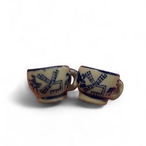 Vintage 1950s Blue White Windmill Mini Tea Cup Set Hand-Painted Miniature